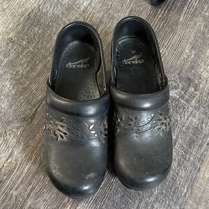 Dansko Black Clogs with Floral Design